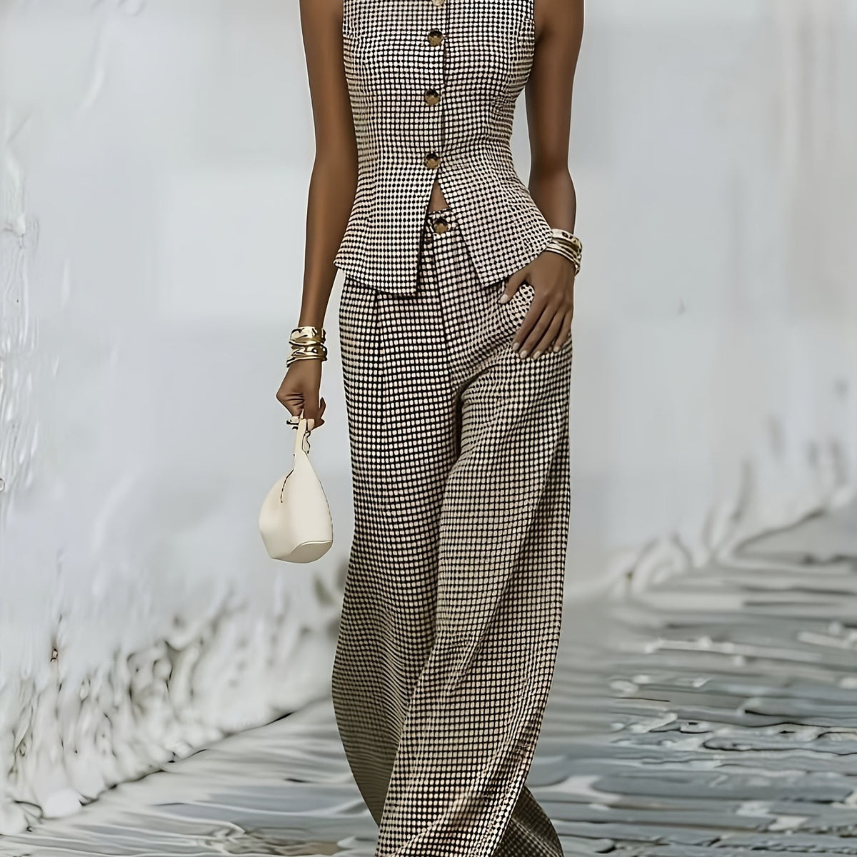 Retro Check Sleeveless Blazer and High-Waist Trouser Set
