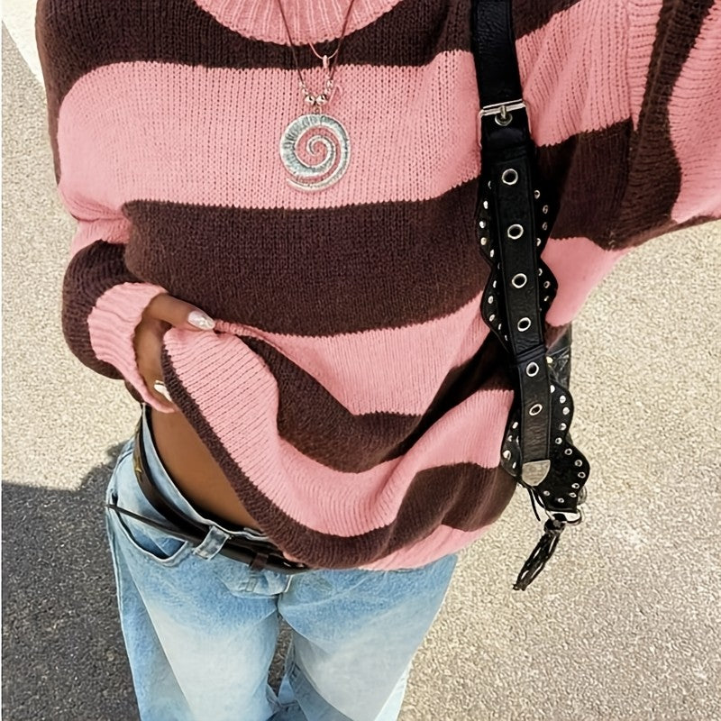 Women's Y2K Colorblock Striped Crewneck Sweater