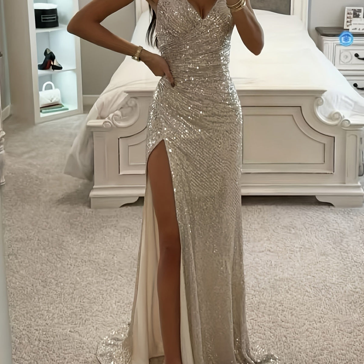 Women's Sequin Spaghetti-Strap Asymmetric Ruffle High-Slit Dress