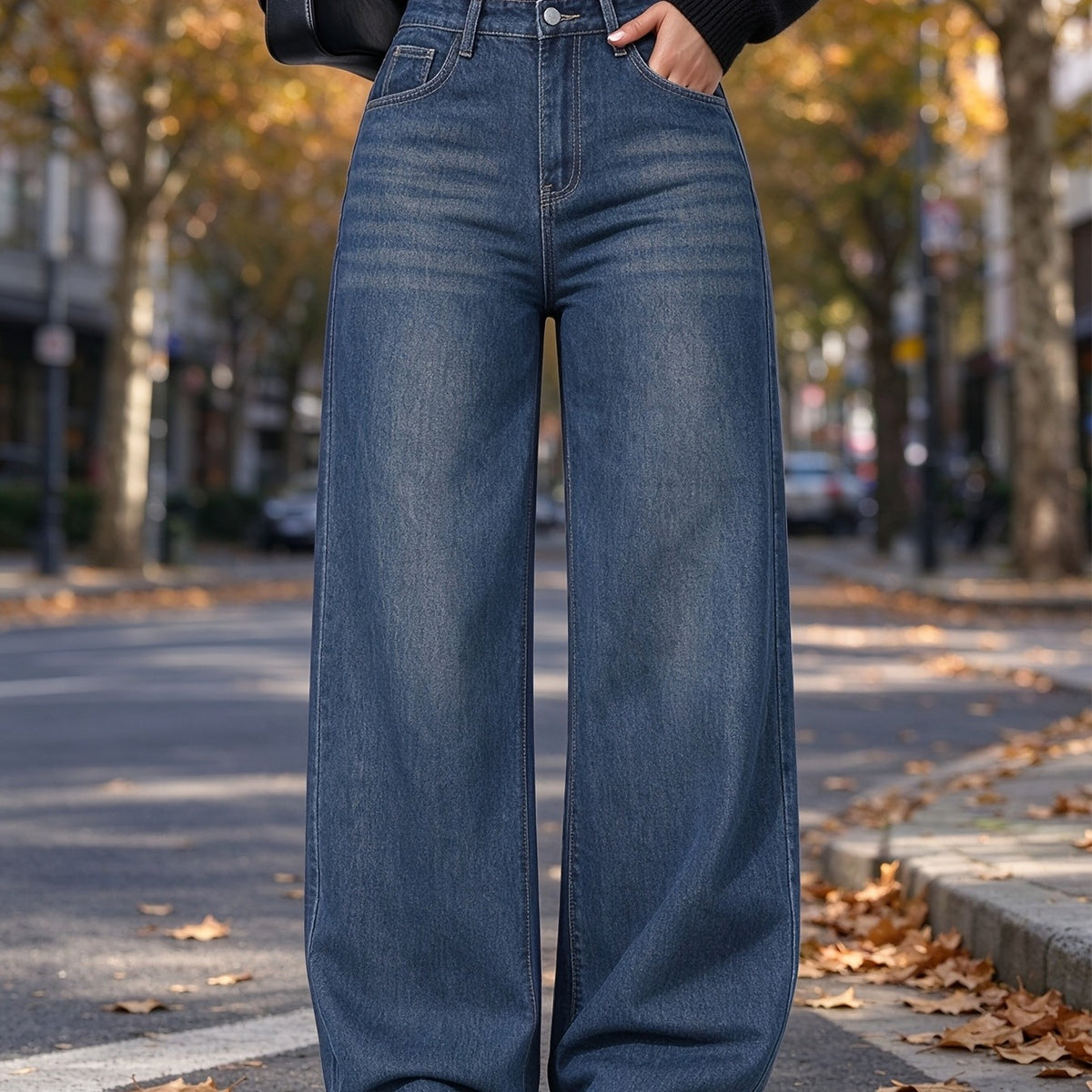 High-Waist Stretch Wide-Leg Jeans, Straight Washed Fit