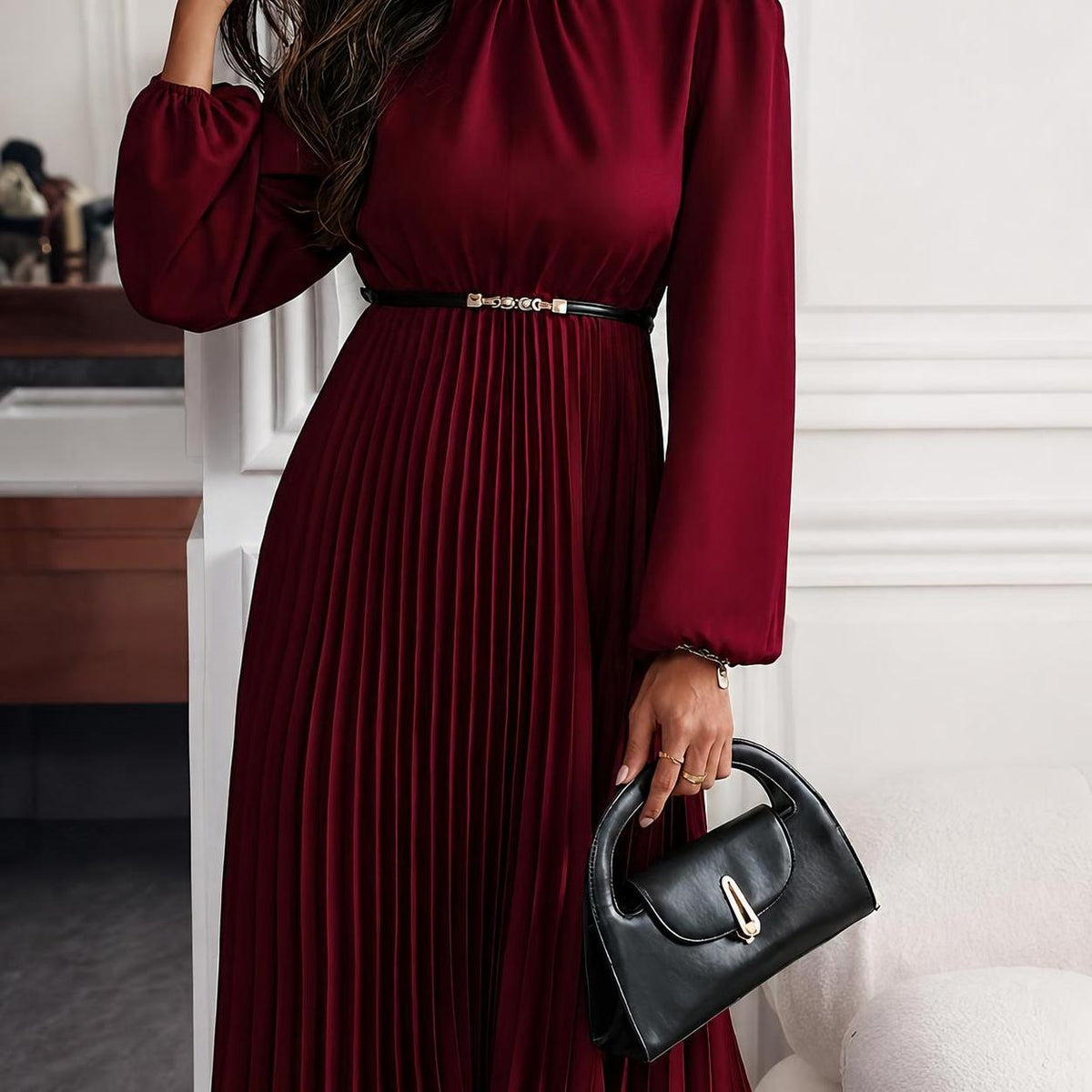 Long Lantern-Sleeve Dress with Pleated Skirt