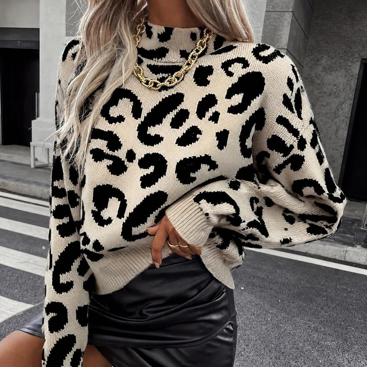 Leopard Half-Turtleneck Sweater with Shoulder Detail
