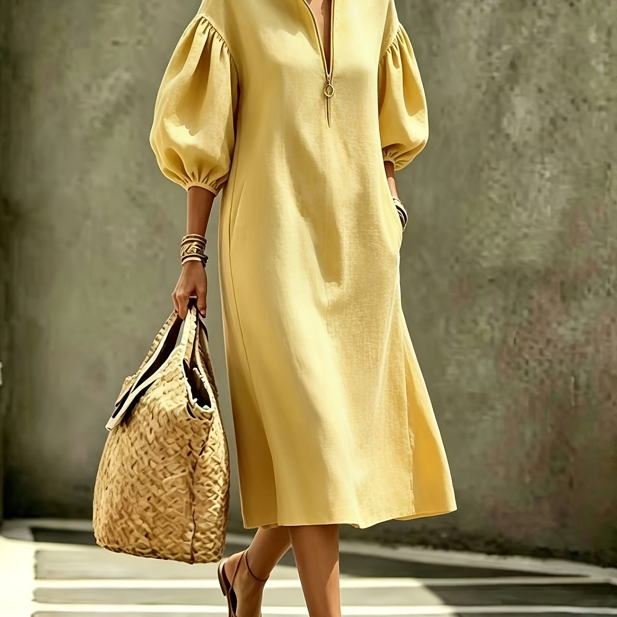 Women's Summer Midi Dress with Stand Collar & Puff Sleeves