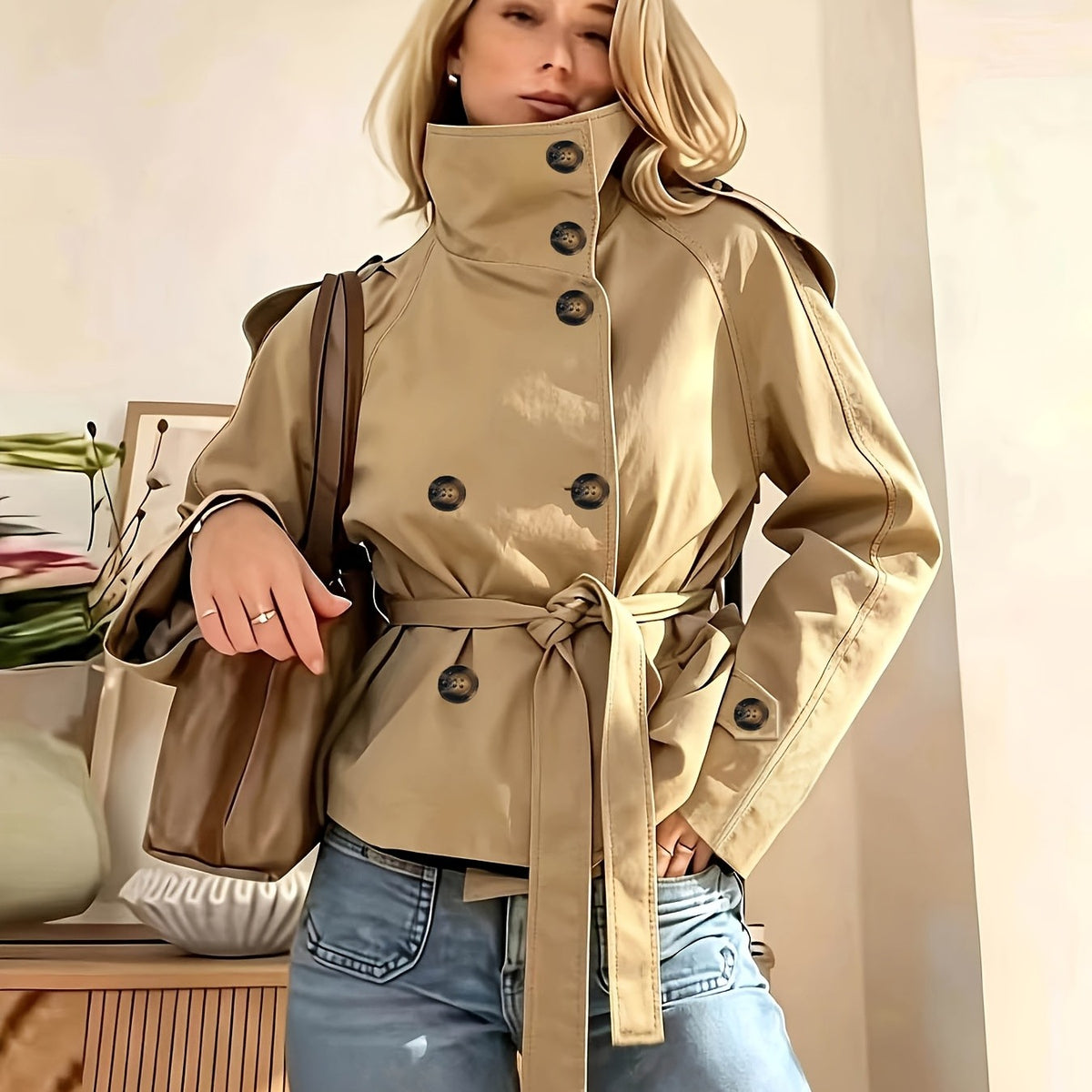 Women's Khaki Trench Coat with Belt & Stand Collar