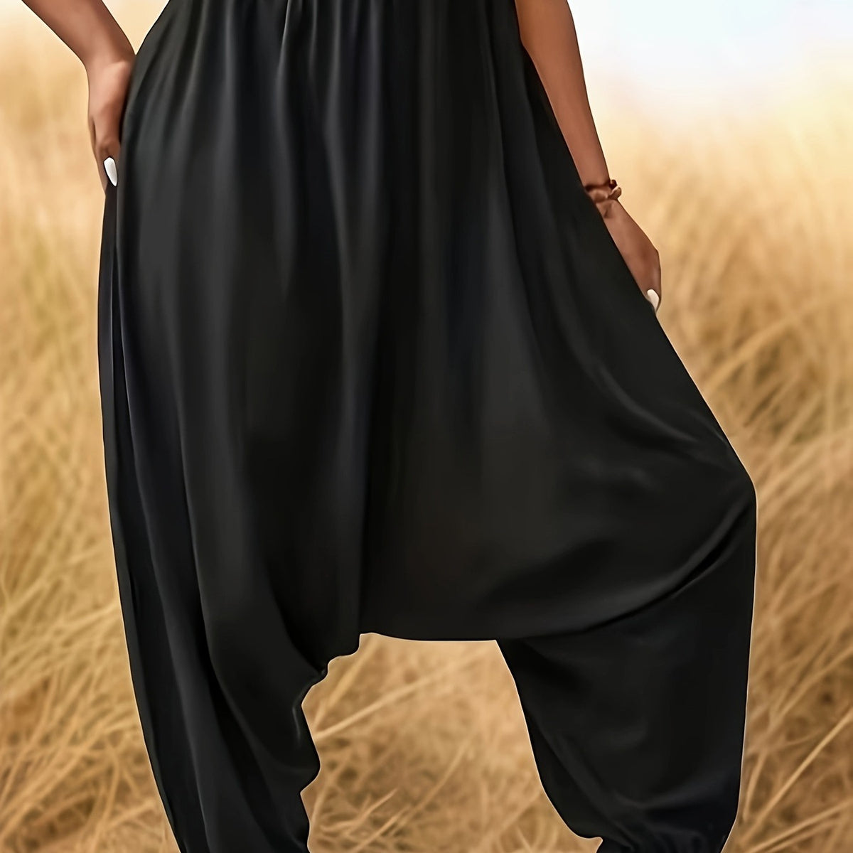 Solid Pleated Loose Harem Pants with Elastic Waist