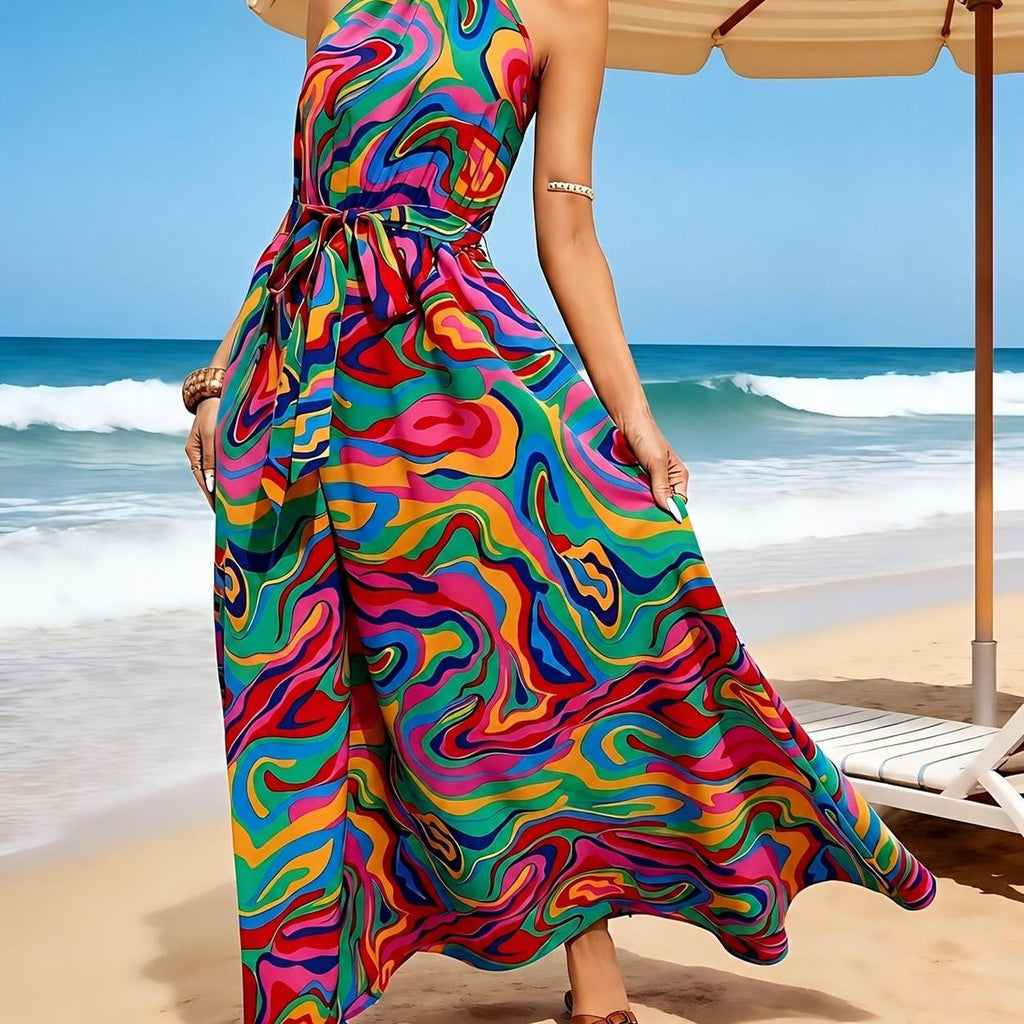 Women's Sleeveless Backless Printed Maxi Dress with Tie