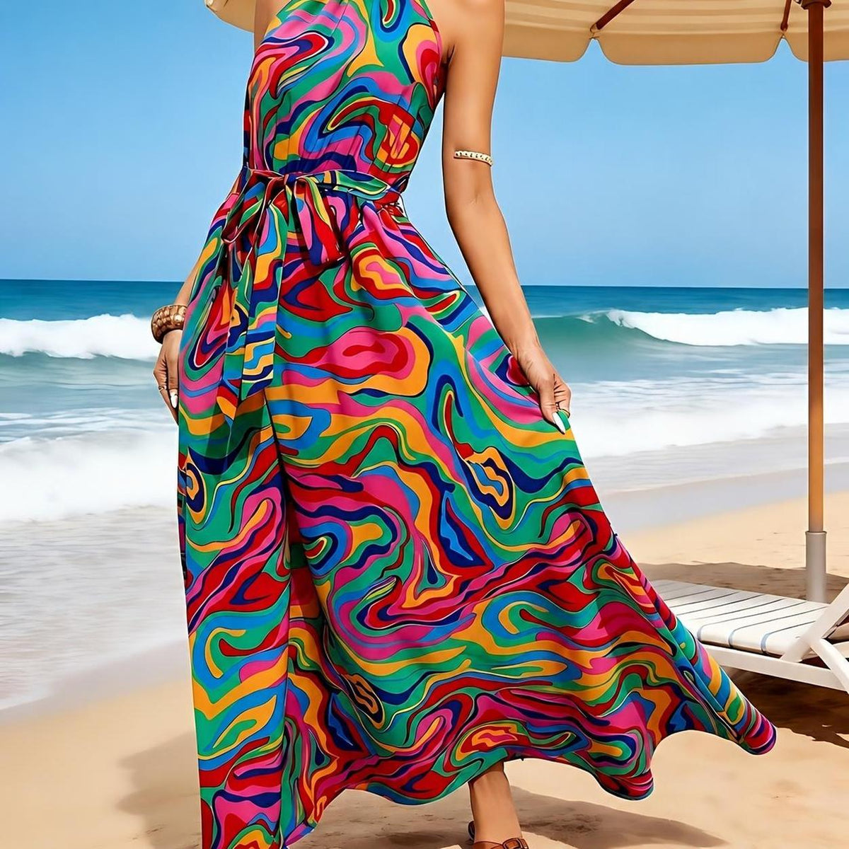 Women's Sleeveless Backless Printed Maxi Dress with Tie