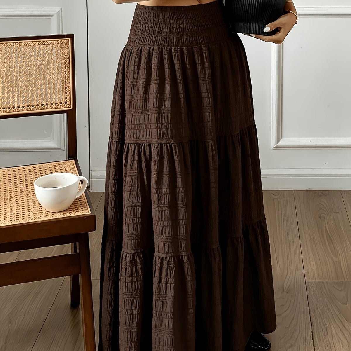 French-style Tiered Long A-line Dress with Elastic Waist