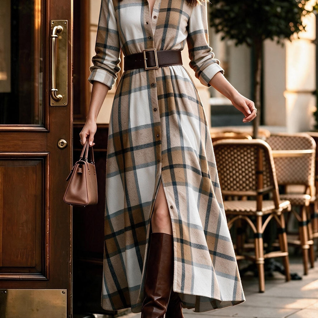 Plaid Long-Sleeve Shirt Dress (Belt Not Included)