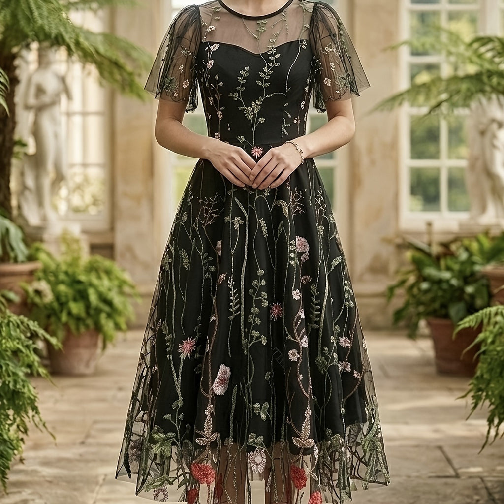 Women's Elegant Embroidered Mesh Floral Dress, Round Neck