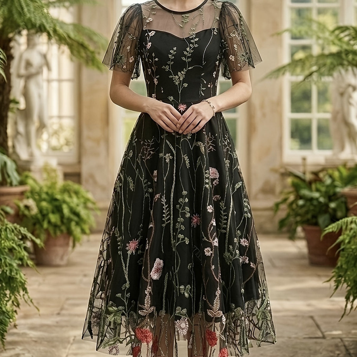 Women's Elegant Embroidered Mesh Floral Dress, Round Neck