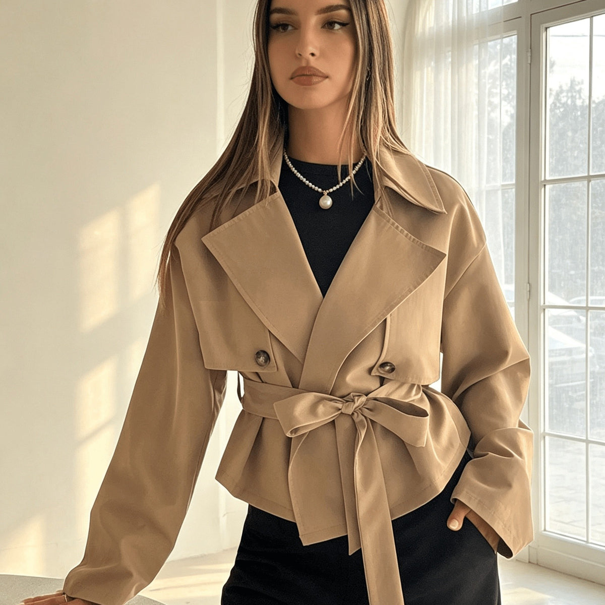 Women's Double-Breasted Petite Trench Coat with Waist Tie - Khaki