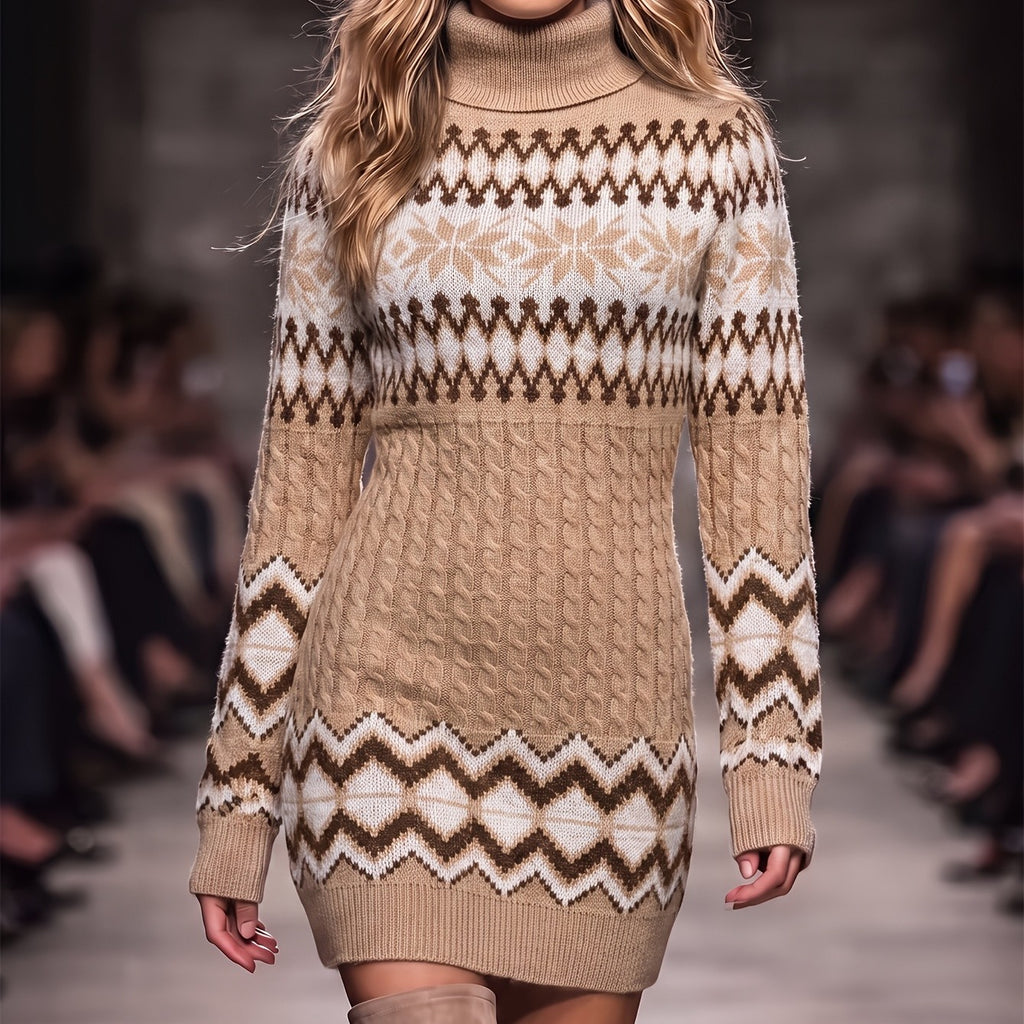 Elegant Fair Isle Jacquard Turtleneck Sweater Dress