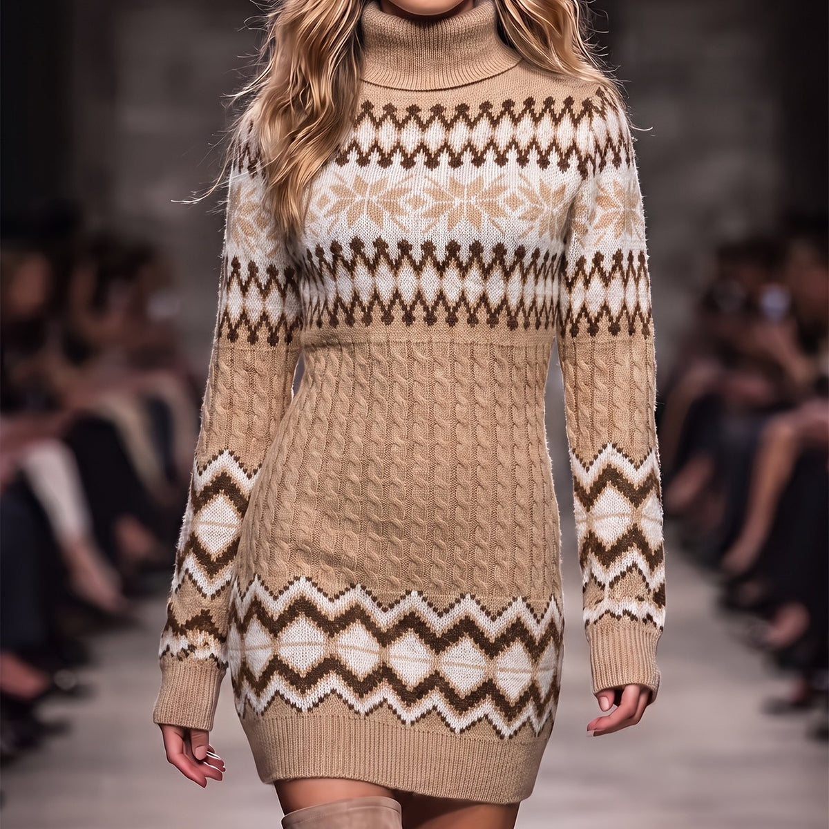 Elegant Fair Isle Jacquard Turtleneck Sweater Dress