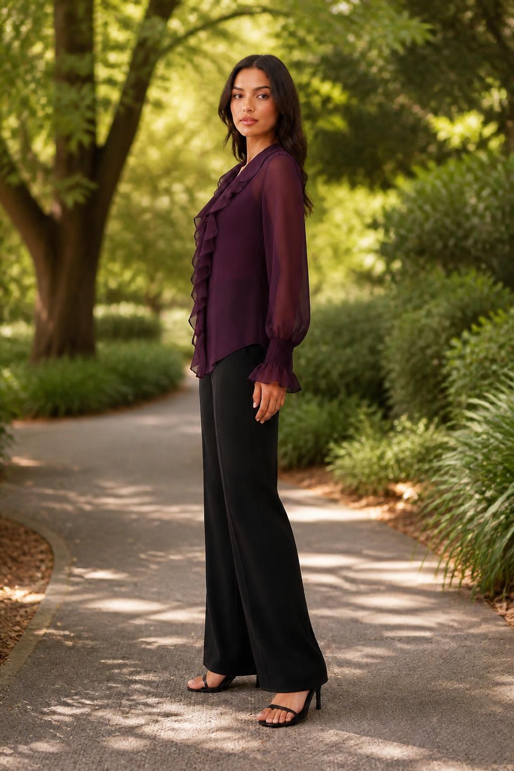 Emma | Chiffon Blouse, Sheer Ruffle V-Neck with Puff Sleeves