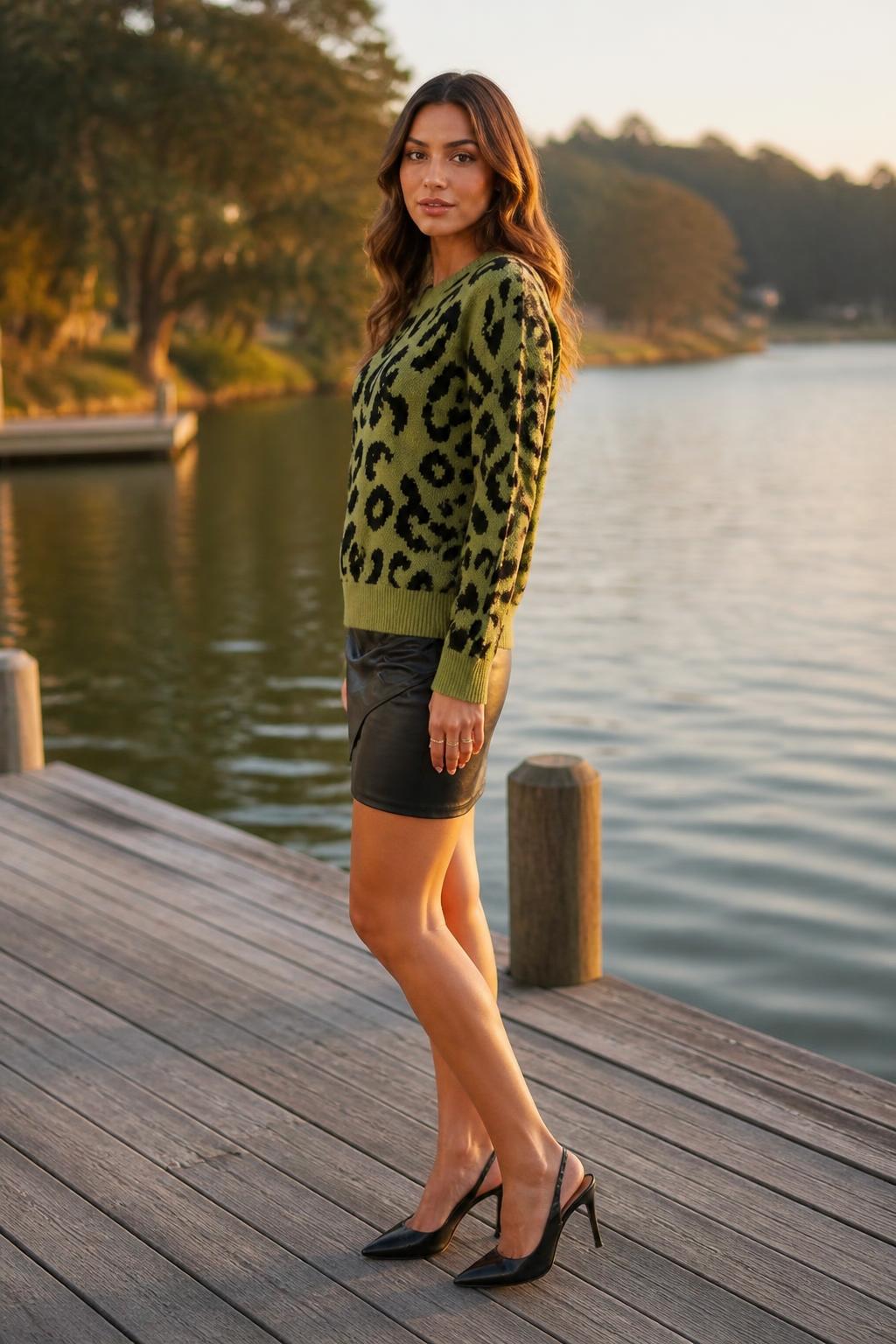 Eliana | Leopard Print Top, Half-Turtleneck Sweater with Shoulder Detail