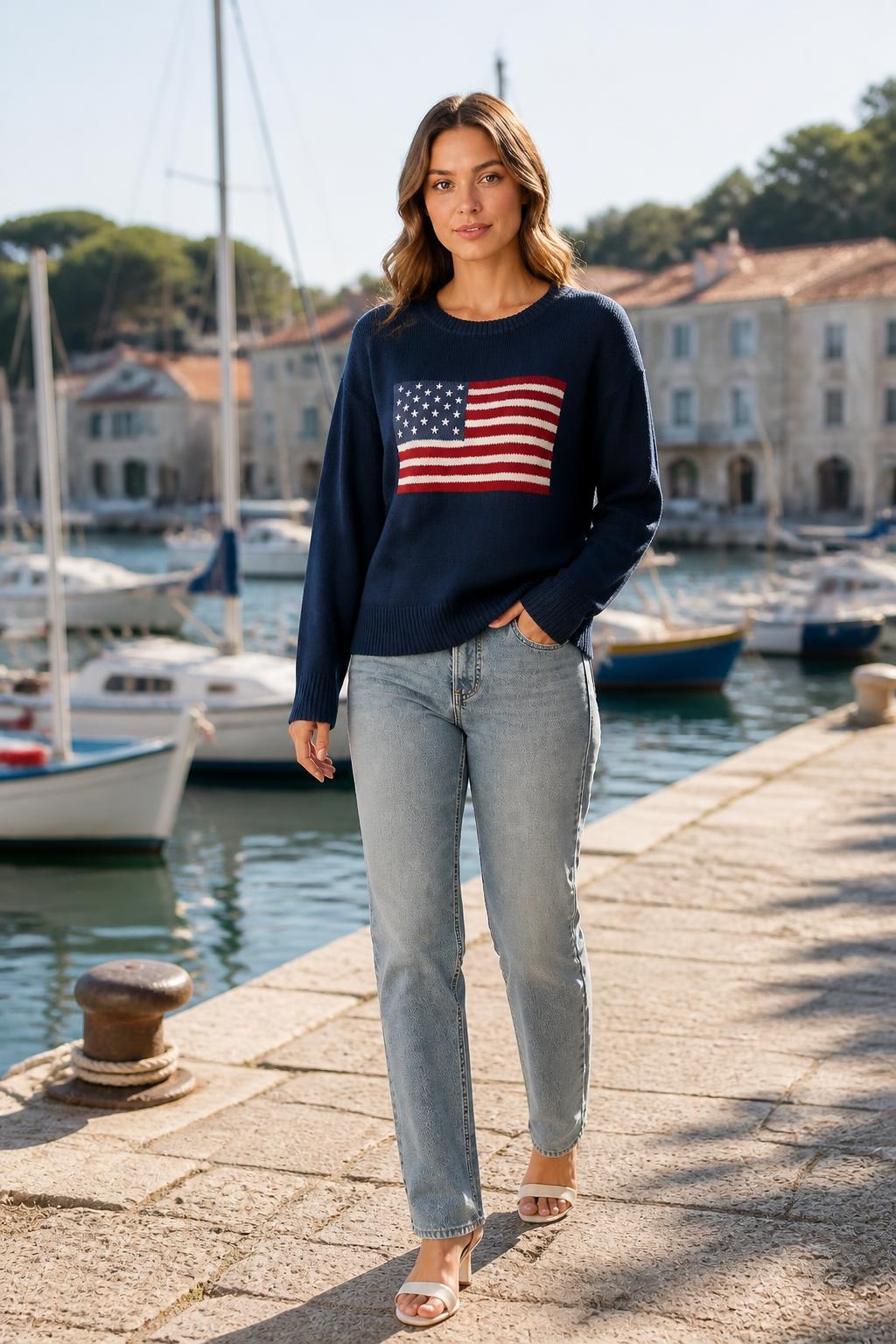 Emma | American Flag Sweater, Long-Sleeve Knit