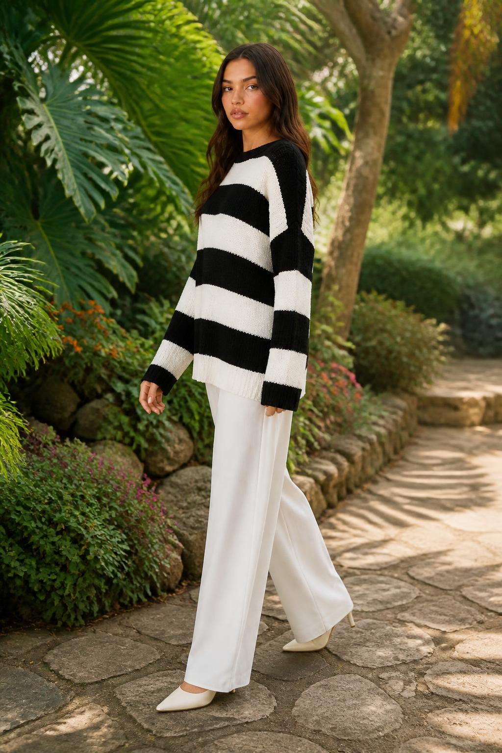 Evelyn | Womens Crew Neck Sweater, Relaxed Striped Long Sleeve