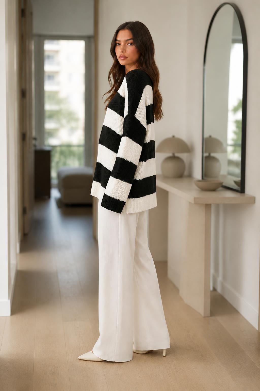 Evelyn | Womens Crew Neck Sweater, Relaxed Striped Long Sleeve