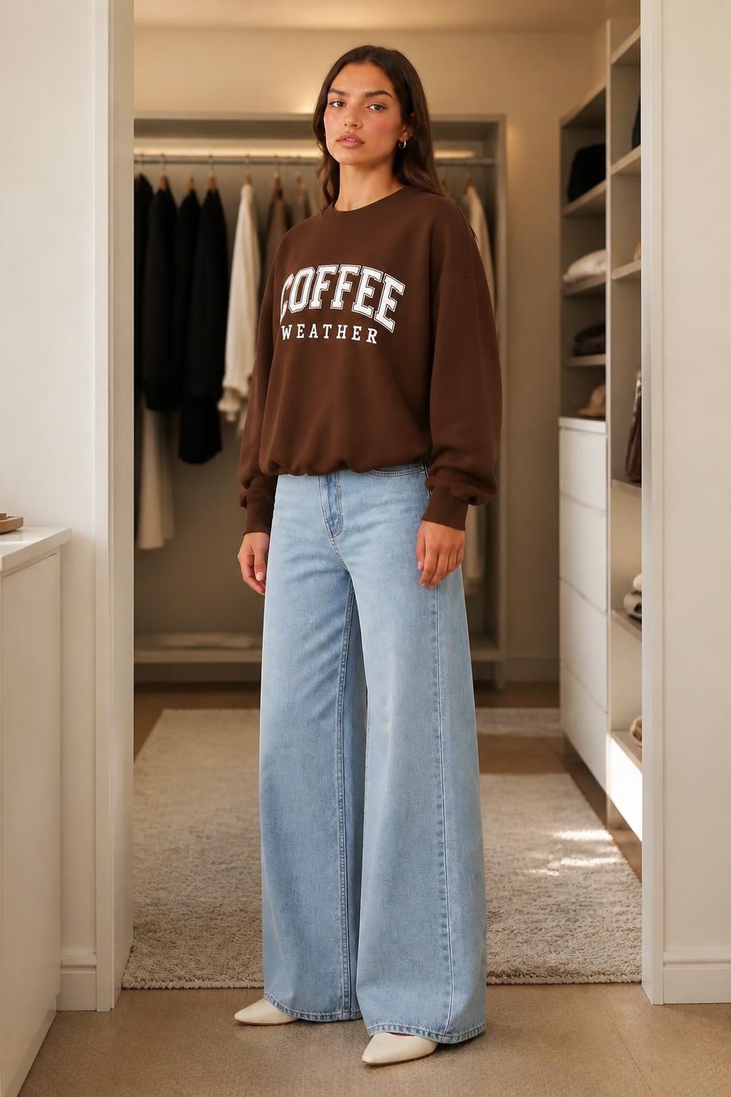 Sofia | Graphic Sweater, Long-Sleeve Crewneck with COFFEE Print