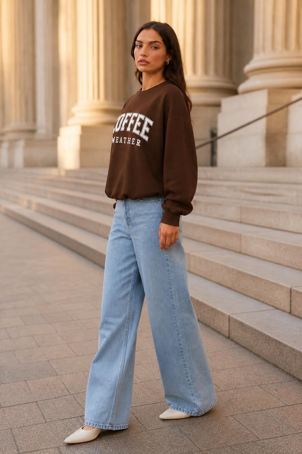 Sofia | Graphic Sweater, Long-Sleeve Crewneck with COFFEE Print