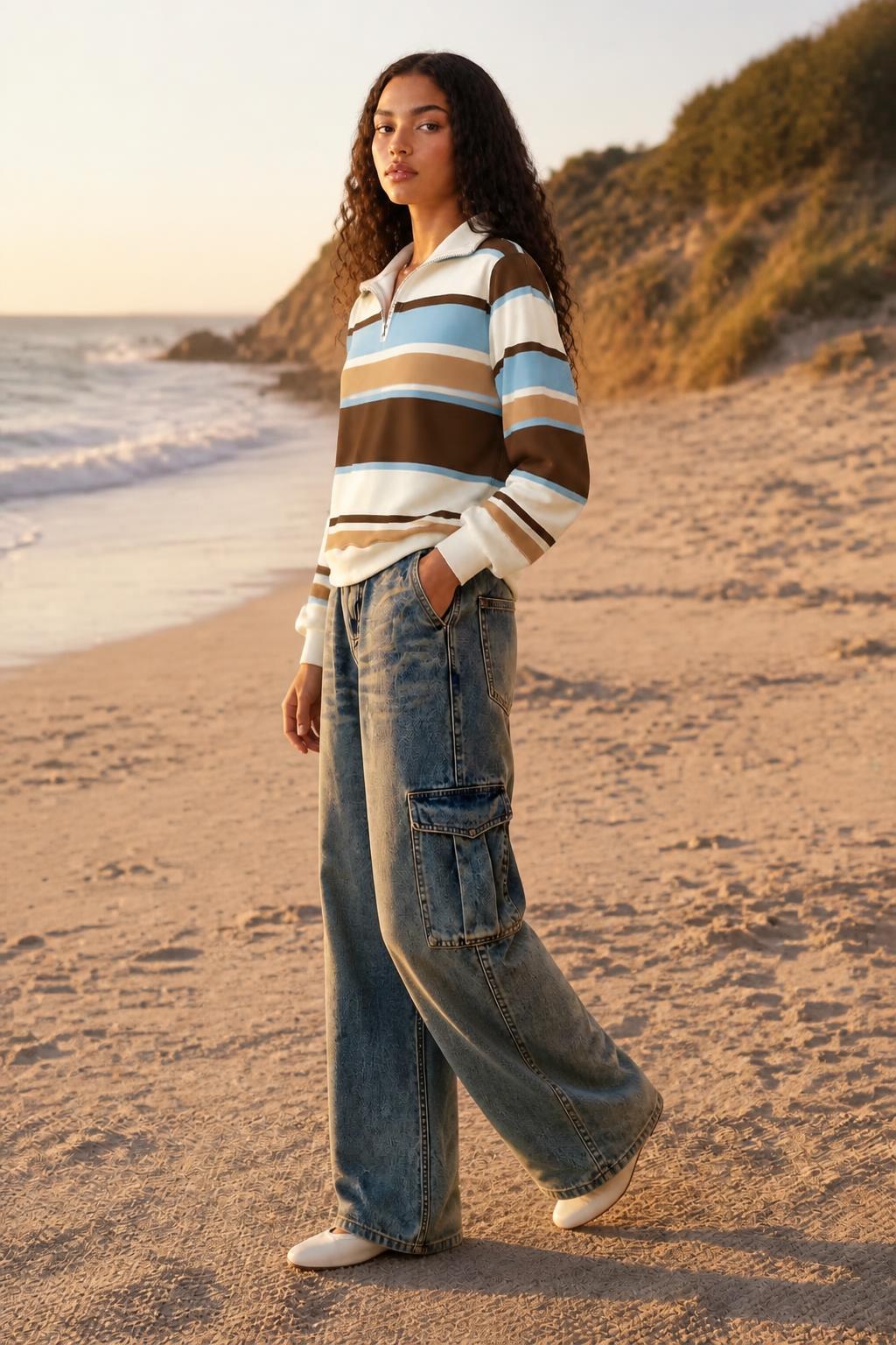 Amelia | Half Zip Sweatshirt, Relaxed Earth-Toned Stripes