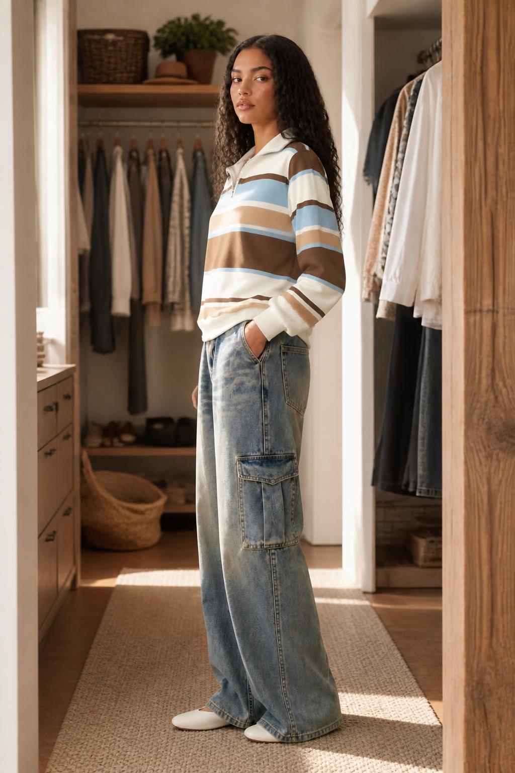 Amelia | Half Zip Sweatshirt, Relaxed Earth-Toned Stripes