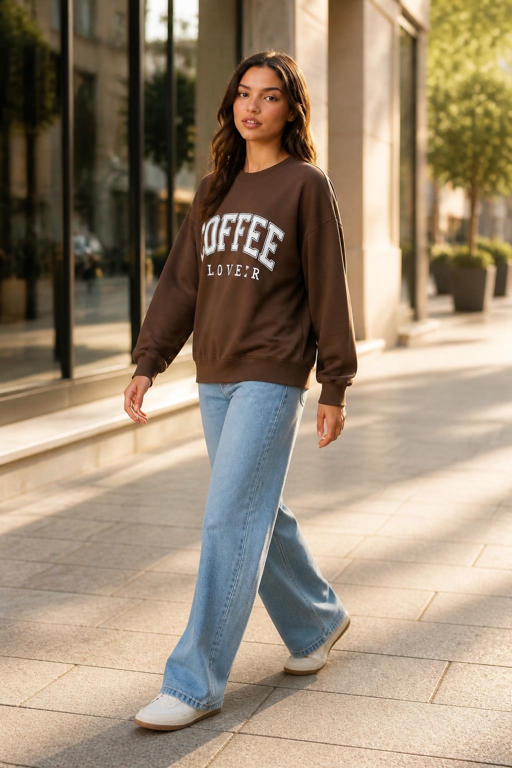 Amelia | Graphic Sweatshirt, Coffee Letter Print with Round Neck