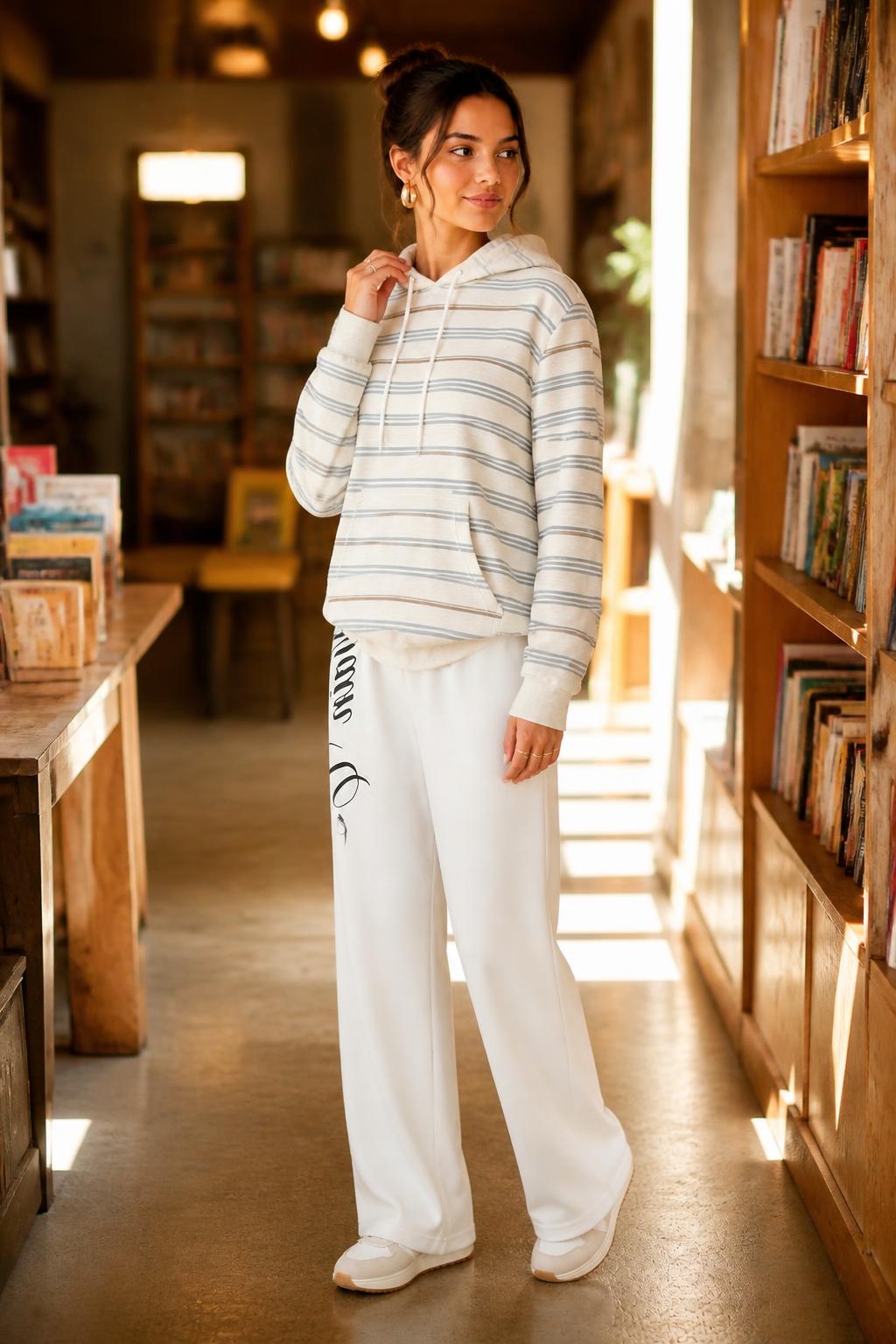 Sofia | Hoodies for Women, Striped Oatmeal with Kangaroo Pocket
