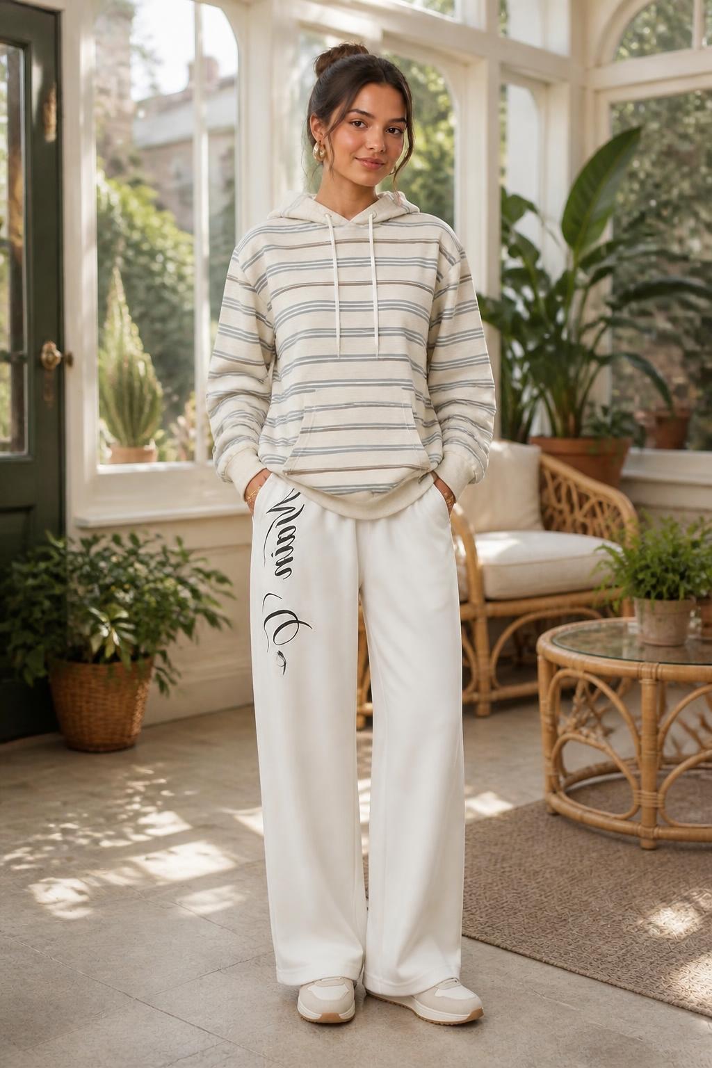 Sofia | Hoodies for Women, Striped Oatmeal with Kangaroo Pocket