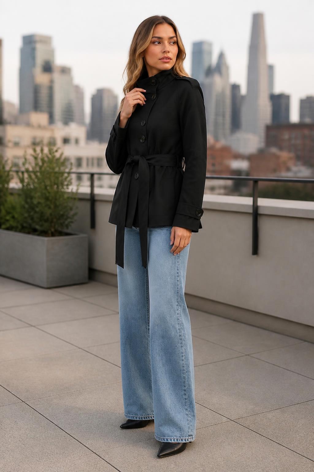 Amelia | Khaki Trench Coat, Belted with Stand Collar