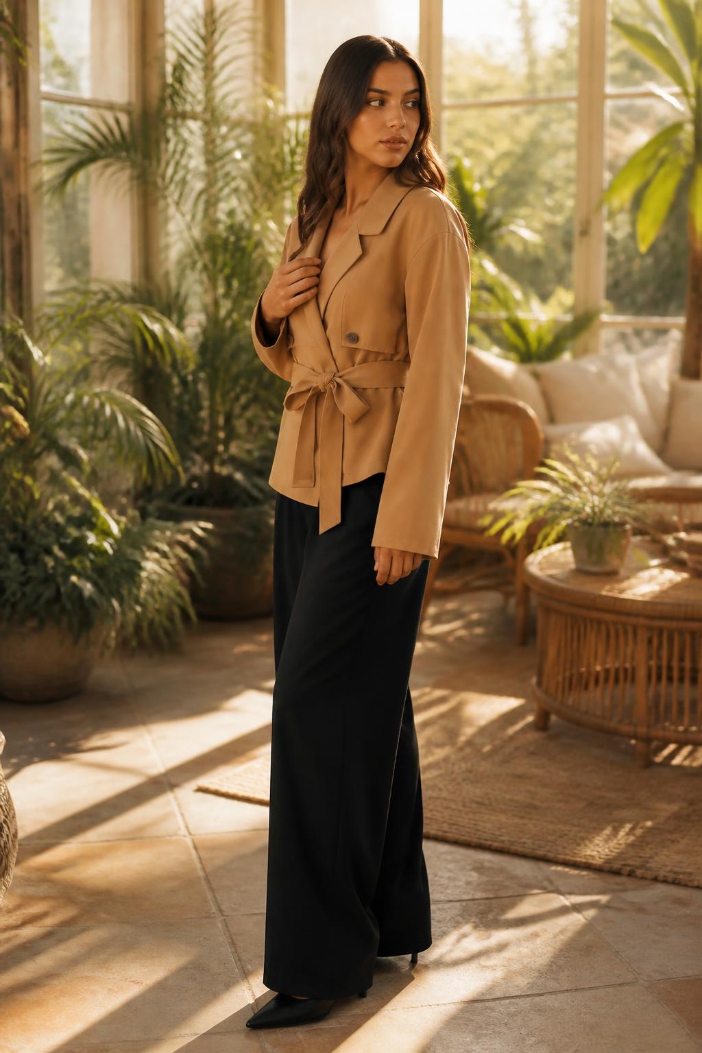 Amelia | Petite Trench Coat Women, Double-Breasted Khaki with Waist Tie