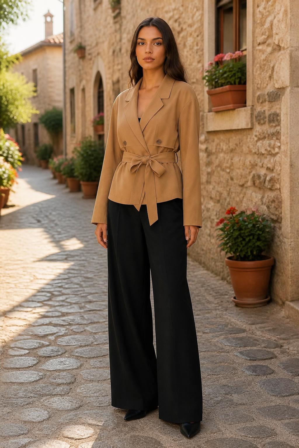 Amelia | Petite Trench Coat Women, Double-Breasted Khaki with Waist Tie