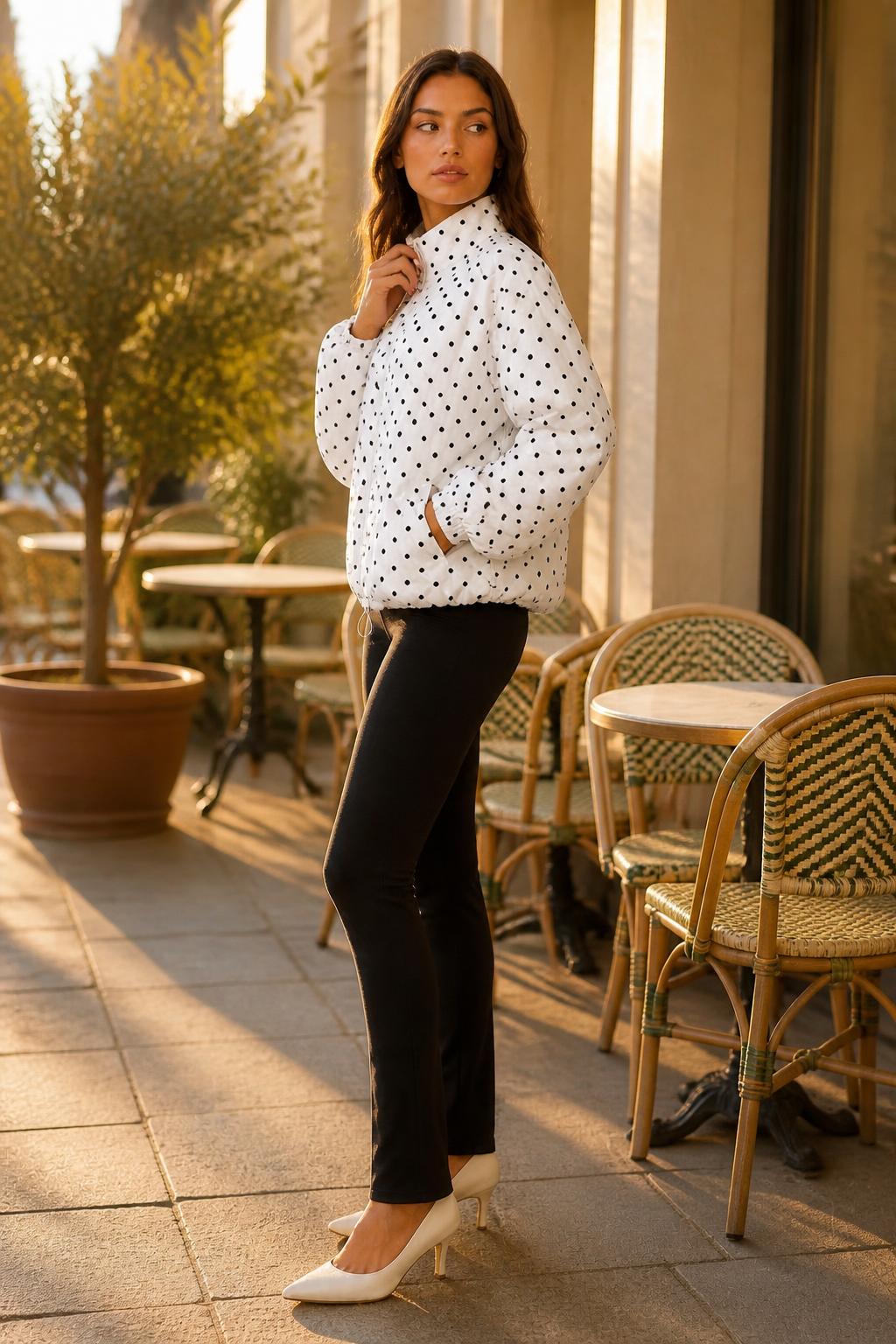 Sophia | White Jacket Women, Polka Dot High Neck with Zipper