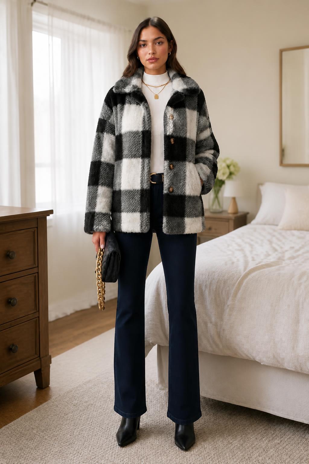 Eliana | Ladies Plaid Jackets, Elegant Relaxed Check Plush Button-Up