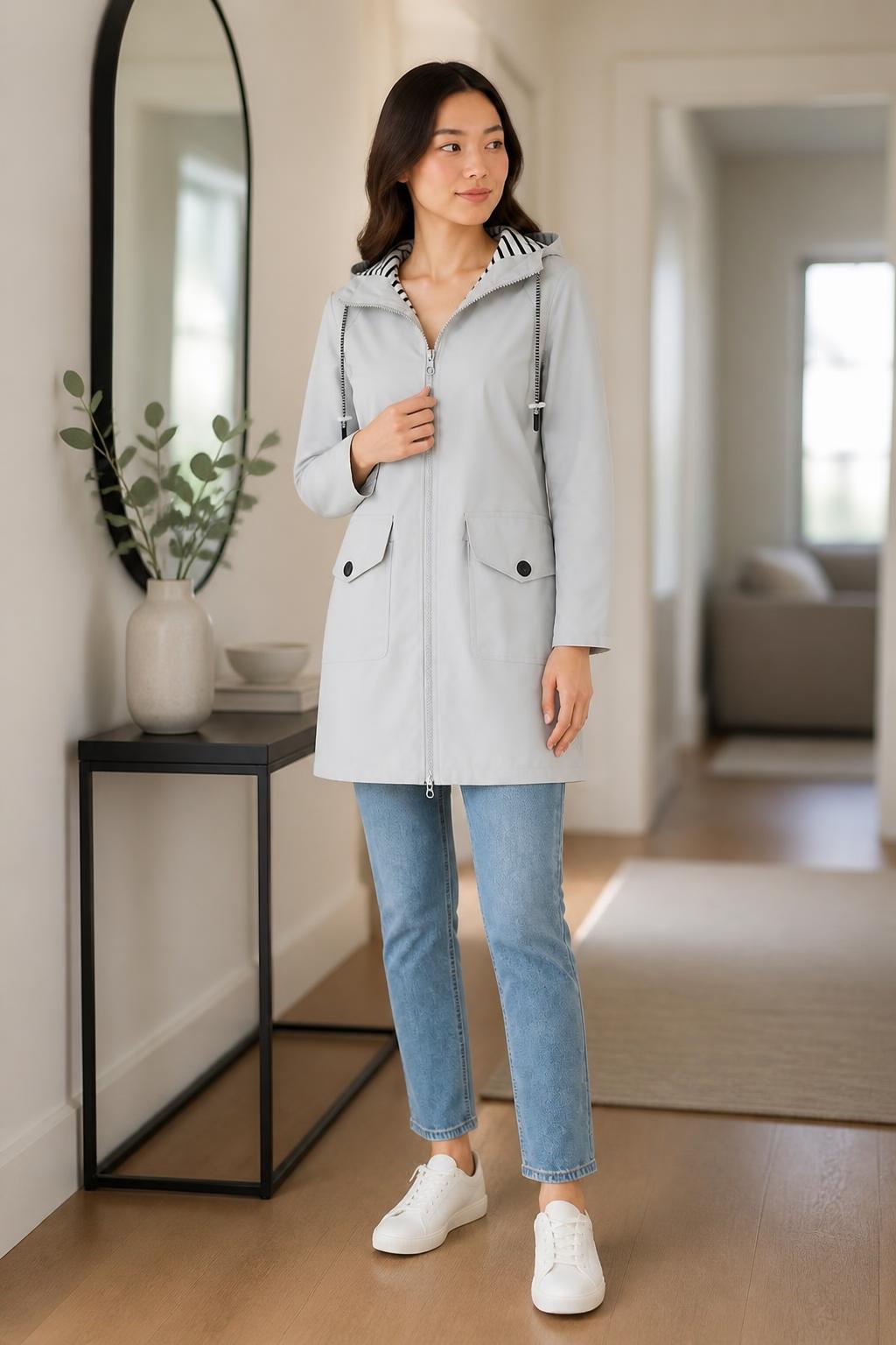Evelyn | Trench Coat with Hood, Mid-Length Casual with Zip