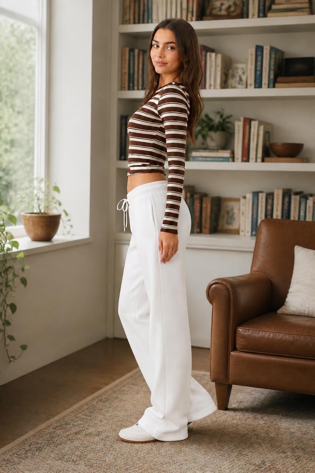 Eliana | Striped Long Sleeve Shirt, Cropped Round Neck Tee