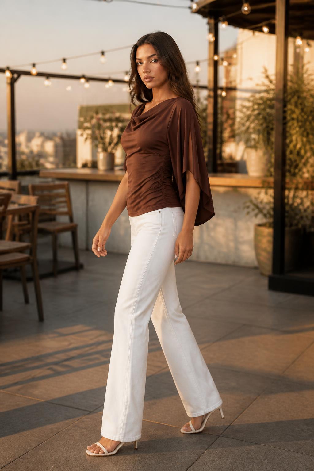 Sophia | Ruffle Top, Elegant Coffee Brown Short Sleeve