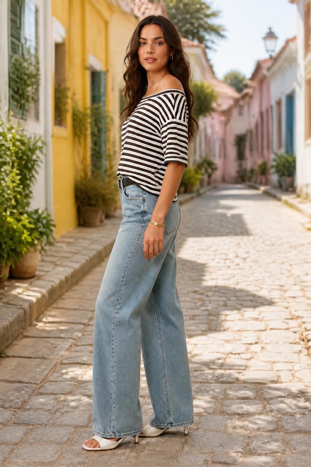 Evelyn | Off the Shoulder Tshirt, Striped Short Sleeve