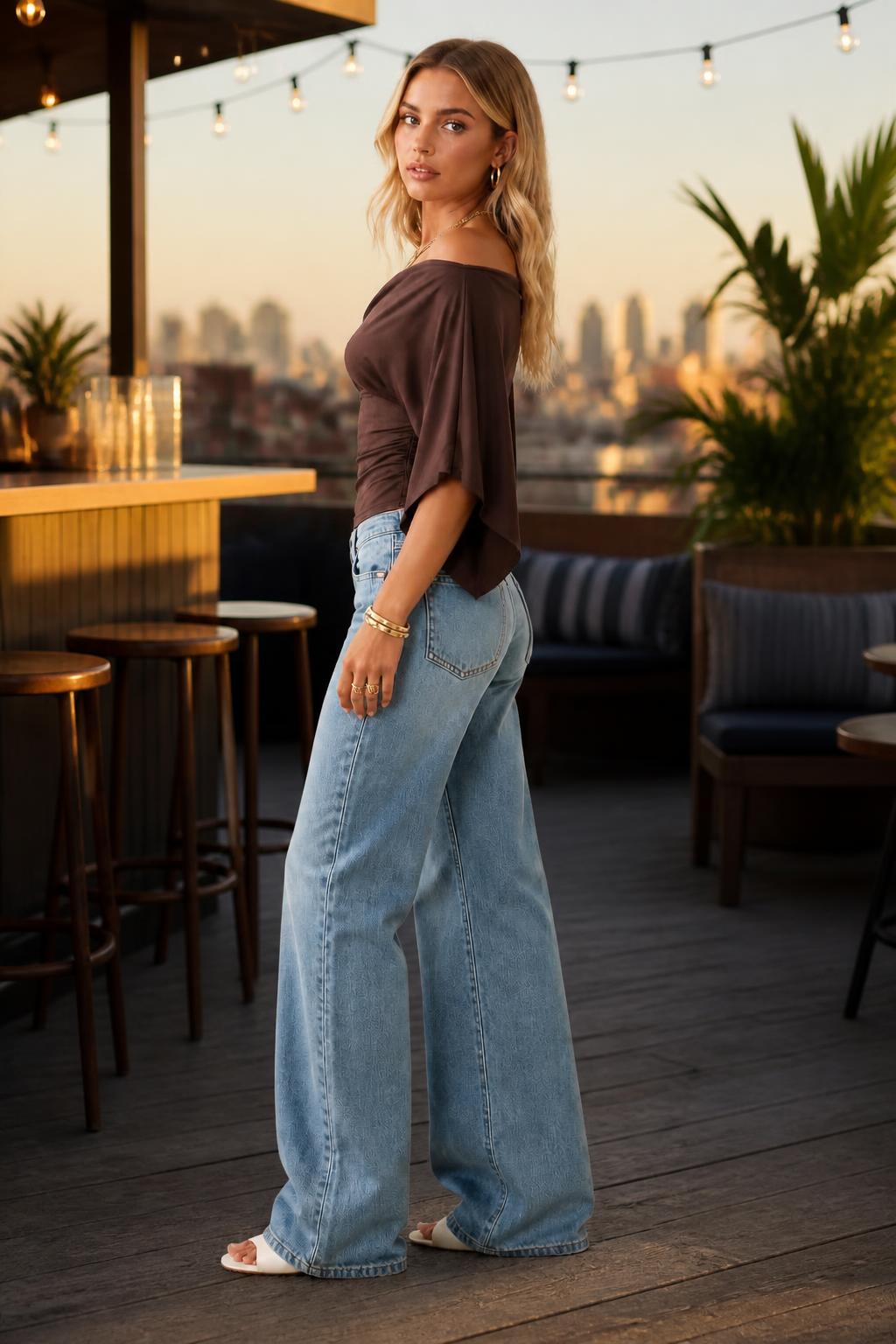Eliana | Blouses with Ruffles, Coffee Brown Short Sleeve Top