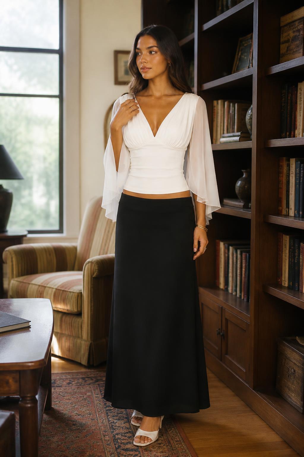 Emma | Bell Sleeve Top, Pleated Solid Fashion Blouse