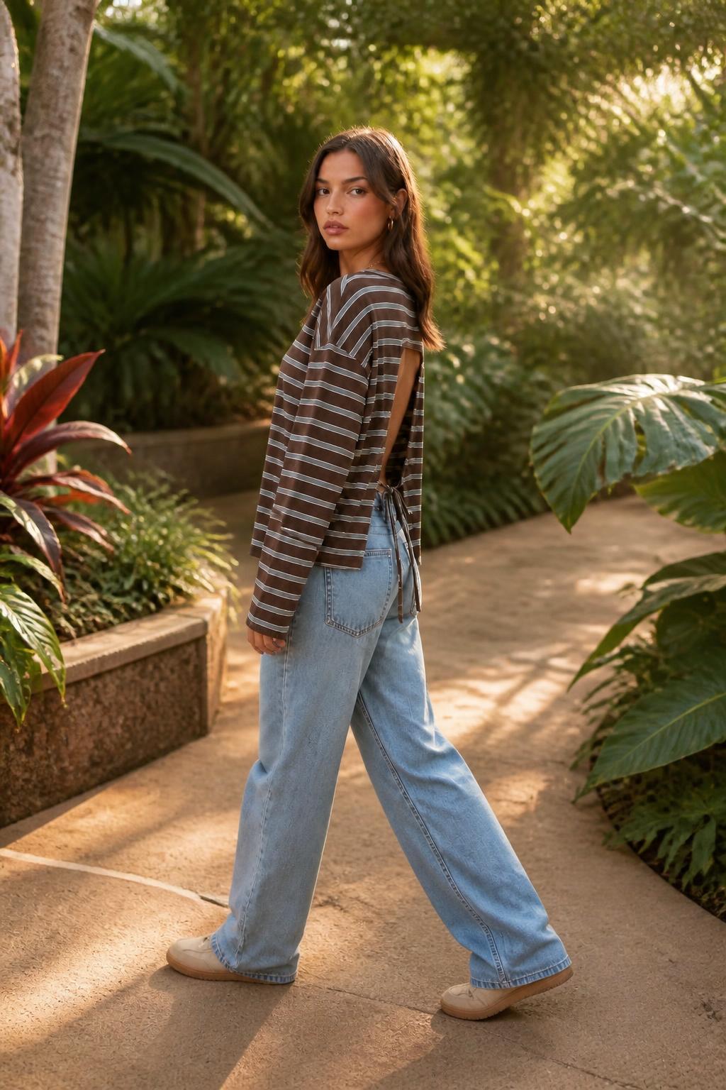 Evelyn | Backless Top, Long-Sleeve Striped T-Shirt with Tie Detail