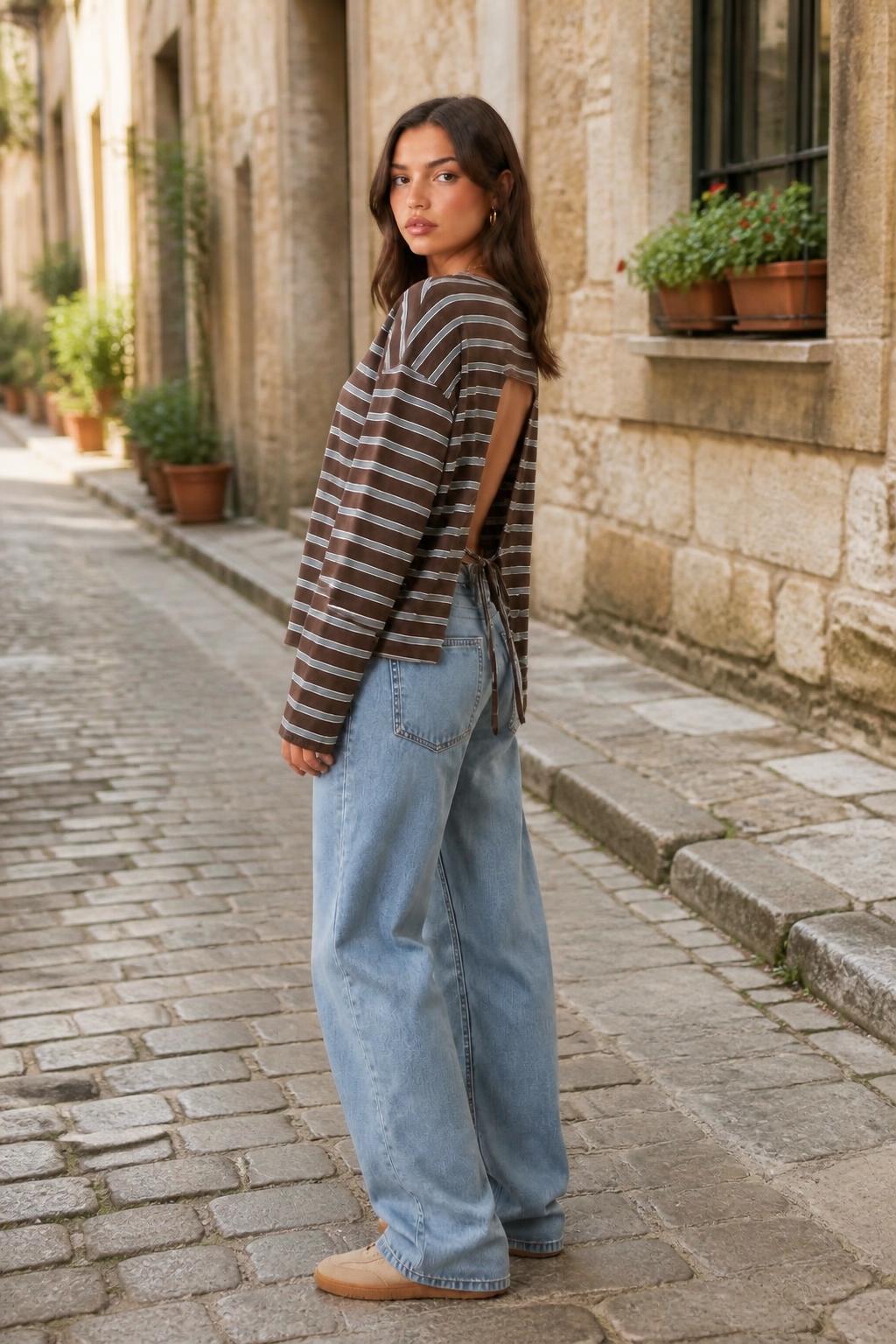 Evelyn | Backless Top, Long-Sleeve Striped T-Shirt with Tie Detail