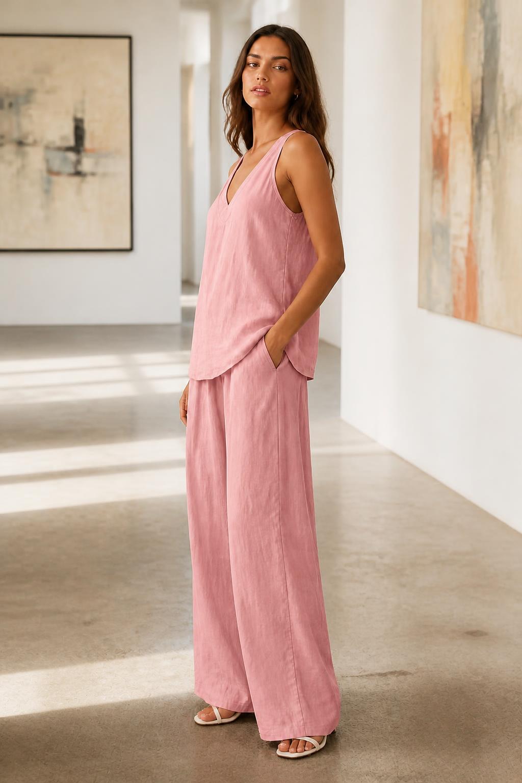 Emma | Matching Top and Pants Set, Halter V-Neck Top & Wide Pants