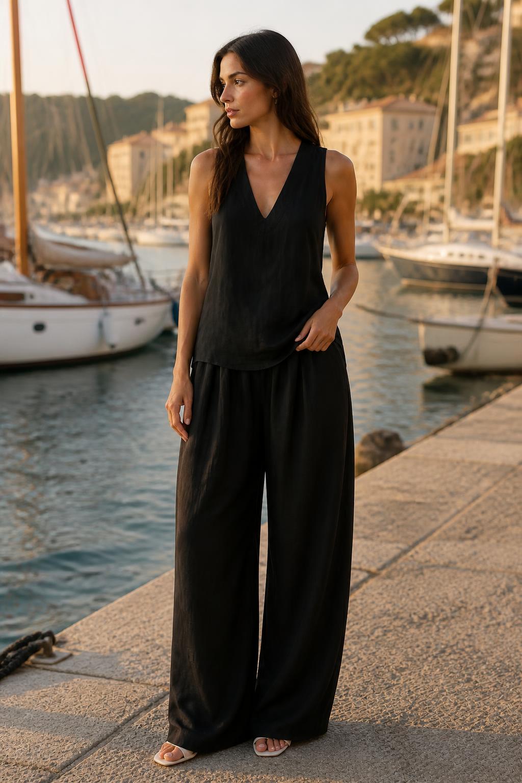 Emma | Matching Top and Pants Set, Halter V-Neck Top & Wide Pants
