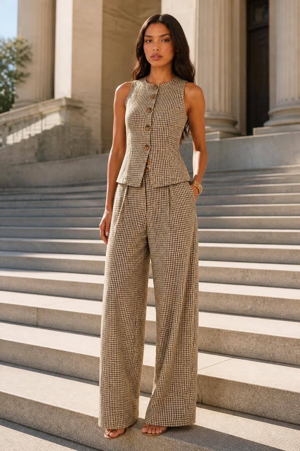 Mia | Plaid Pants Women, Vintage Checked Sleeveless Top & High-Waist Set