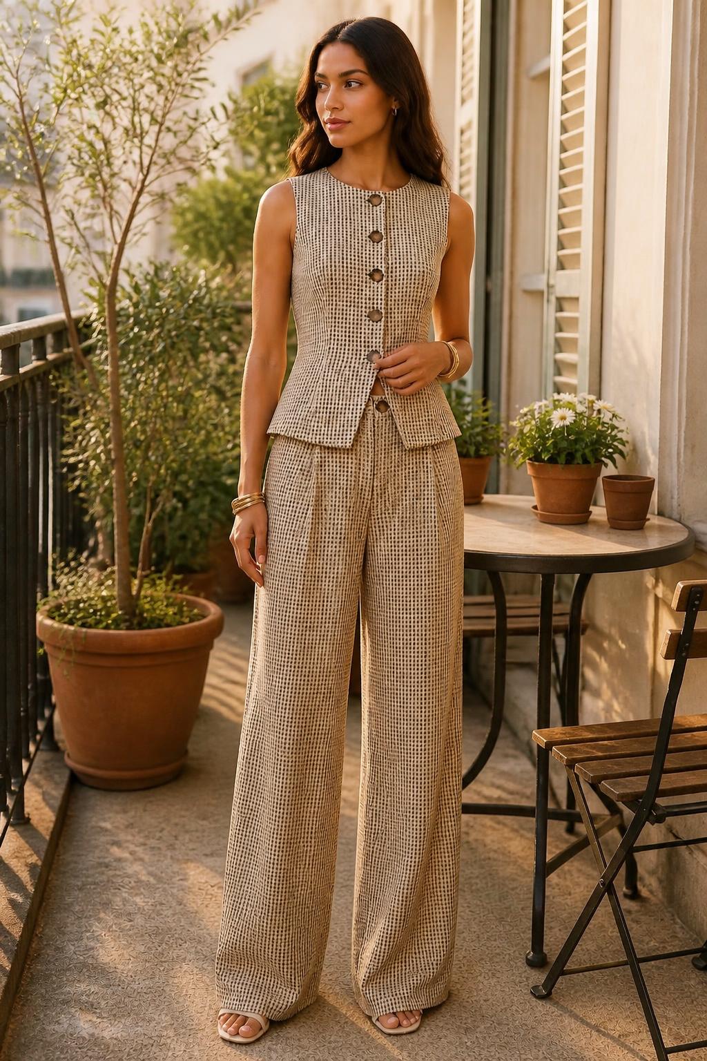 Emma | Plaid Pantsuit, Retro Sleeveless Blazer & High-Waist Trousers