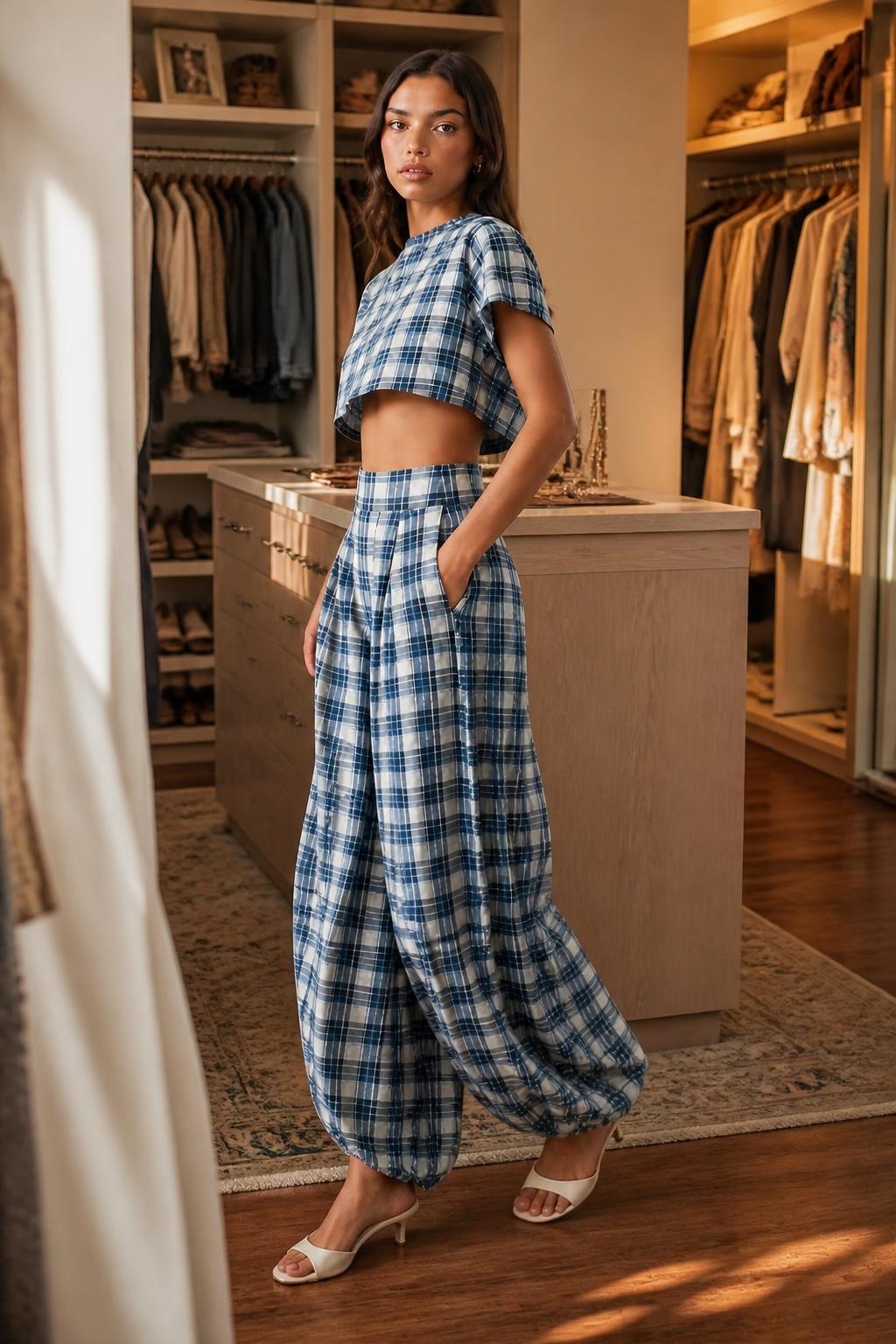 Amelia | Plaid Pants, Two-Piece Set with Cropped Top & Pleated Wide Leg