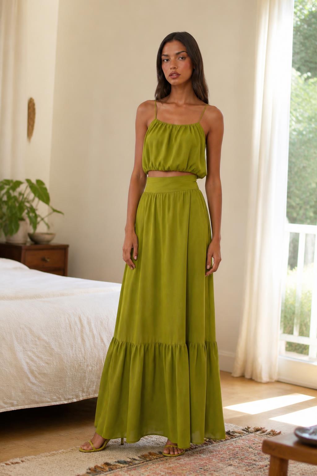 Sophia | Satin Skirt, Olive Green 2-Piece Set with Camisole Crop Top