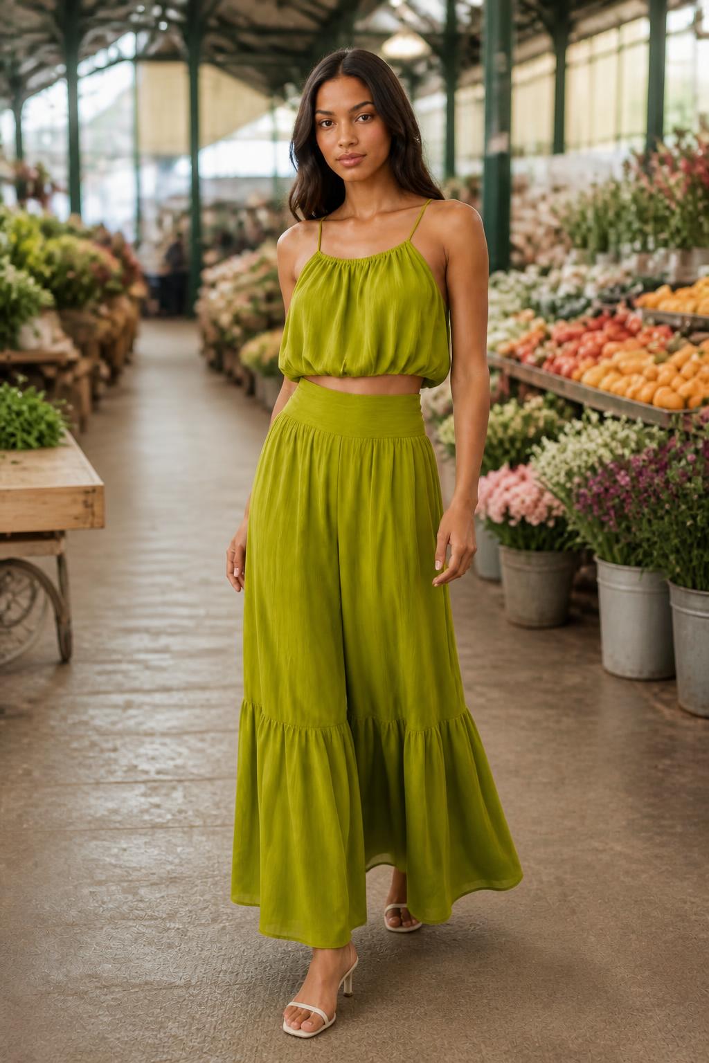 Sophia | Satin Skirt, Olive Green 2-Piece Set with Camisole Crop Top